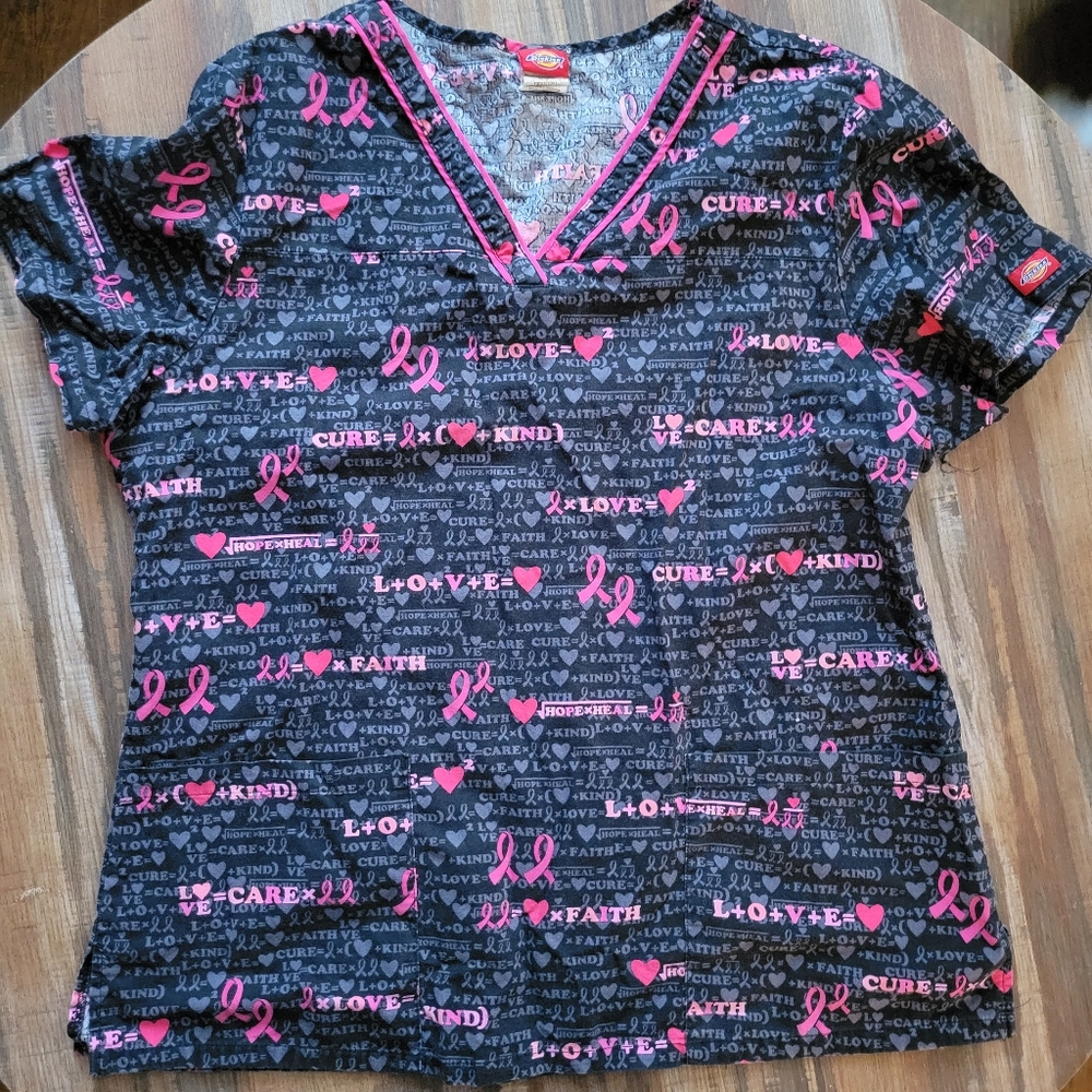 Dickies Scrub Top Sz LARGE Breast Cancer, Valentines Day, Black, Red, Pink